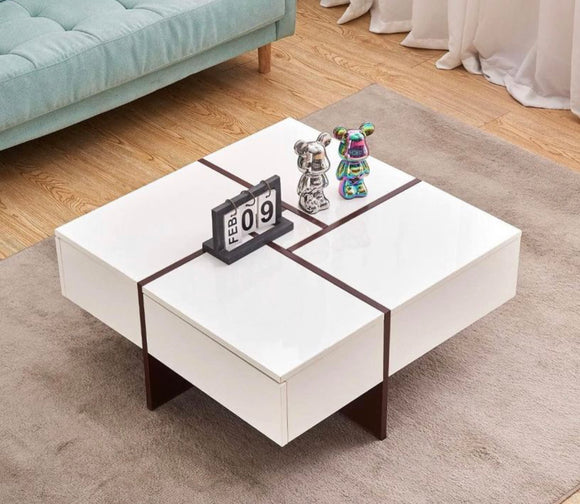 White High Gloss Coffee Table With Storage 4 Drawer Wooden Living Room Square UK