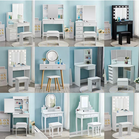 Dressing Table Stool Set Make-Up Desk w/ Mirror Bedroom Jewelry Drawers Storage